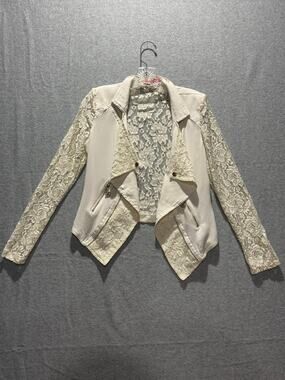 Yes Miss Omai Women's Cream Lace Moto Jacket Draped Zip Pockets Y2K